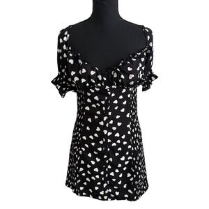 For Love & Lemons Black White Heart Print Milkmaid Mini Dress Size M Smocked